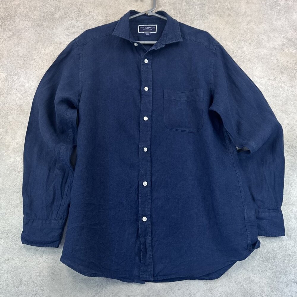 Charles Tyrwhitt Men’s Linen Shirt Navy Medium Classic Fit Cutaway Collar